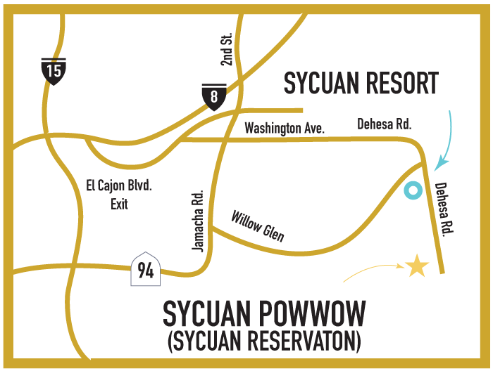 Digitally drawn map of the the Sycuan Reservation to get to the Sycuan Powwow.